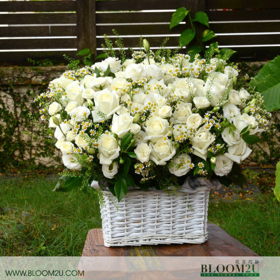 Grand white roses flower basket