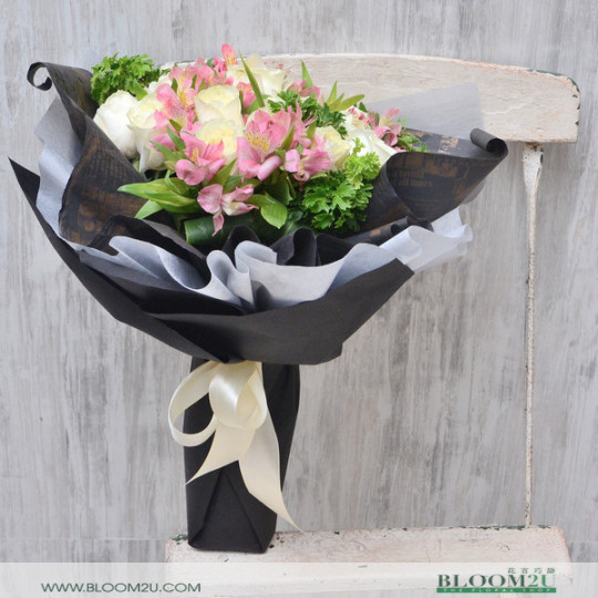 White Roses Bouquet in Black Wrappers
